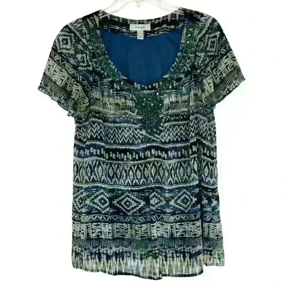 Dressbarn top L Scoop Neck Tribal Boho Embellished blue